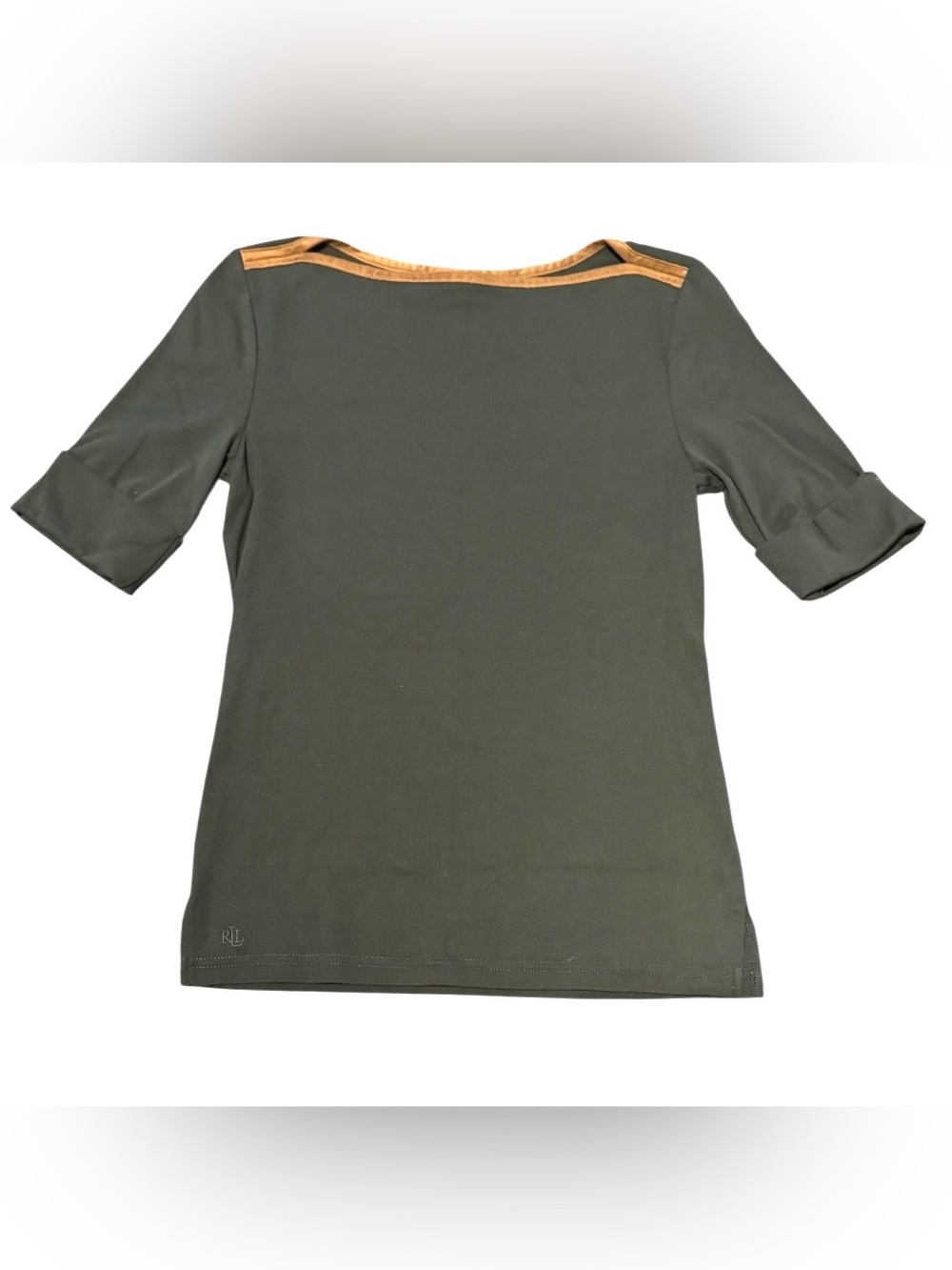 Lauren Ralph Lauren Size PS Olive Green Faux Suede Trim Boatneck Top Preppy